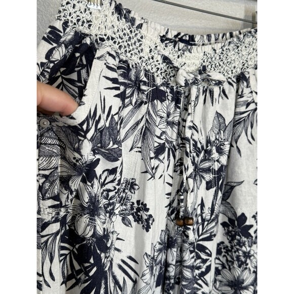 Beau Dawson Linen Blend Wide Leg Blue White Floral Pants Size L Beachy Coastal - Picture 5 of 14